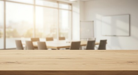Modern Conference Room with Wooden Table Sunlit Office Space for Meetings and Collaboration