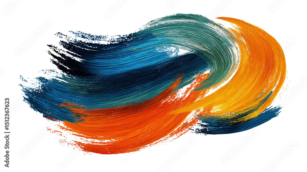Poster dynamic brush strokes in vibrant orange, blue, and green hues intertwining into an abstract swirl de