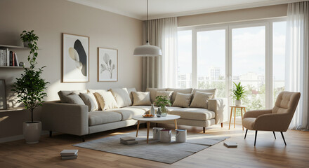Modern living room interior design featuring comfortable furniture, a stylish sofa, and a cozy fireplace, perfect for a luxury home apartment