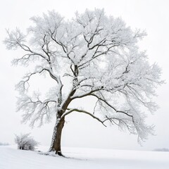 Fototapeta premium Winter Oak Tree in Snowy Landscape Frosty Branches, Minimalist Composition, White Background Winter Photography, Nature Photography
