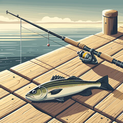 Freshwater fish catch illustration with caught fish and fishing rod on dock