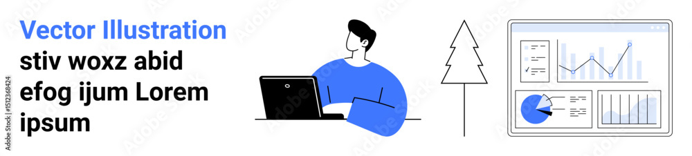 Poster businessperson typing on laptop near a tree, facing analytical dashboard displaying charts and data.