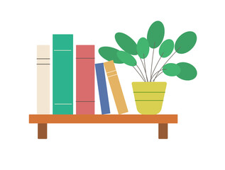 Pot plant on book stack. Home potted plant with book pile, simple houseplant in clay pot flat vector illustration. Hand drawn green plant for interior decor