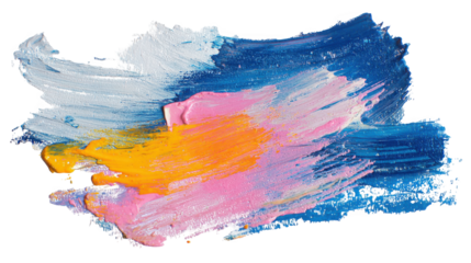 Colorful brush strokes creating an abstract design with blue, pink, white and orange acrylic paint on a transparent background, perfect for adding a touch of artistic grunge to any project