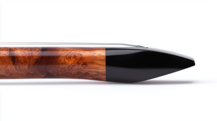 A close-up view of a pen's barrel, showcasing the contrasting wood and black finish.