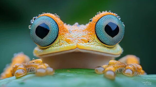 A close up of a frog 's eyes