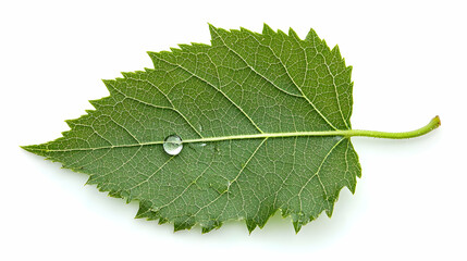 Fototapeta premium Green Leaf With Water Droplet On White Background