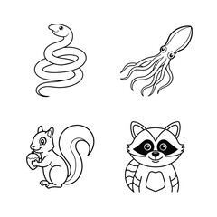 Simple black and white animal outlines of a snake a squirrel an octopus and a raccoon
