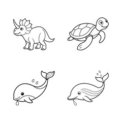 Simple black and white illustrations of a triceratops turtle and two dolphins