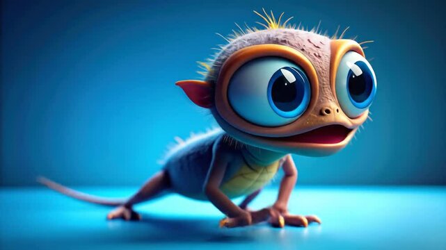 Cartoon lizard with large eyes,  posed on a vibrant blue surface.  It has a  friendly expression and  fluffy fur-like texture