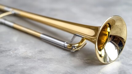 A shiny brass trumpet rests on a gray surface.