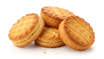 Golden brown butter biscuits with sweet taste, shown isolated on white background for advertising, branding, or web use.