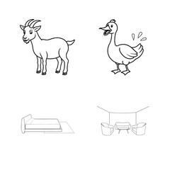 Black and white illustrations of a goat a duck a bed and a room with furniture