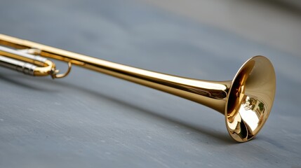 Obraz premium A shiny gold trumpet rests on a gray surface.