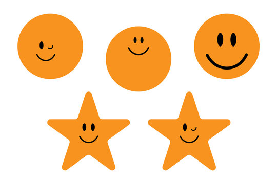 Naklejki Cute smiley face and star character set in flat orange style. Playful emoji-like expressions perfect for kids designs, stickers, or cheerful branding. PNG format. High res