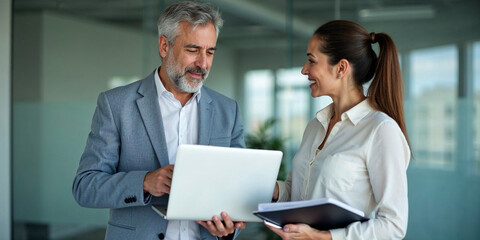 Busy professional smiling businessman and businesswoman leaders having conversation at work. Executives team of two business people working talking using laptop technology standing in corporate office