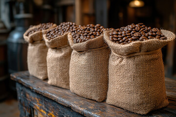 Obraz premium bags of coffee beans on wooden table.