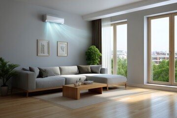Fototapeta premium Living room featuring a sectional sofa a coffee table and an air conditioner dispersing blue rays