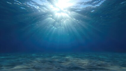 Fototapeta premium Underwater sunlight beams ocean floor sandy seabed