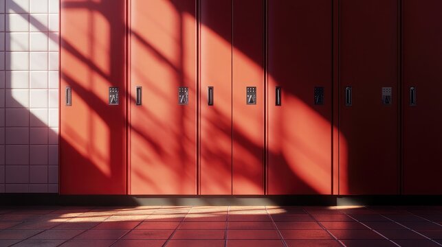 Red school lockers with closed doors and combination locks, set in a quiet hallway with tiled floor
