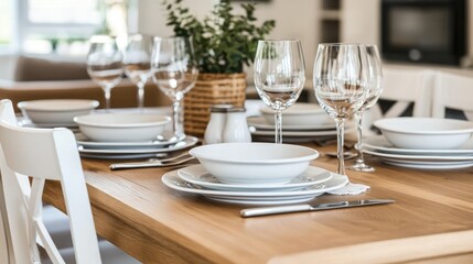 Fototapeta premium Scandinavian-style dining table with clean lines, neutral tones, and neatly arranged tableware in a bright room