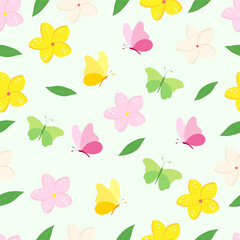 Summer pattern of tropical yellow, pink flowers, butterflies and green leaves. Vector illustration