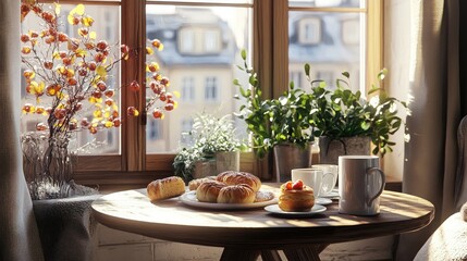 Small round dining table in a cozy breakfast nook with pastries, coffee mugs, and morning light streaming in