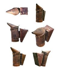 Bee yard old school rusty iron bee smoker with damaged leather bellows top, front, side, angle views set isolated on white
