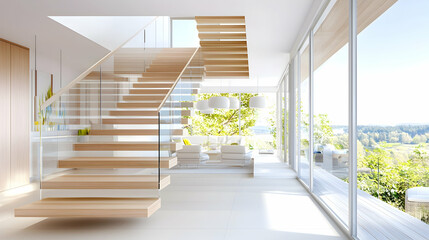 Modern Open Plan Living Area With Wooden Staircase