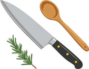 Depicts a knife spoon and rosemary branch arranged against a white backdrop