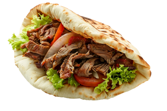 Perfectly prepared shawarma in pita bread with tangy sauces and vegetables isolated on transparent background