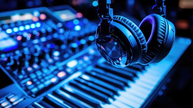 Headphones hanging from a dual-monitor arm next to a keyboard and stylus pad