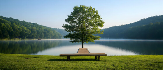 Peaceful Lakeside Scene With Tree And Bench