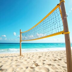 Beach volleyball net, sunlit sand, ocean waves , fitness, relax