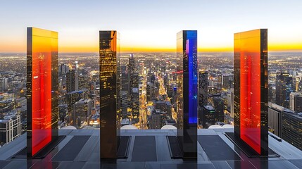 Modern rooftop space featuring sleek design and a panoramic view of city lights sparkling in the distance as evening descends
