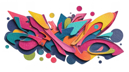 Vibrant textured graffiti design element created with layered colorful paper cutouts and scattered dots, isolated on a transparent background, ideal for adding a touch of urban art to designs