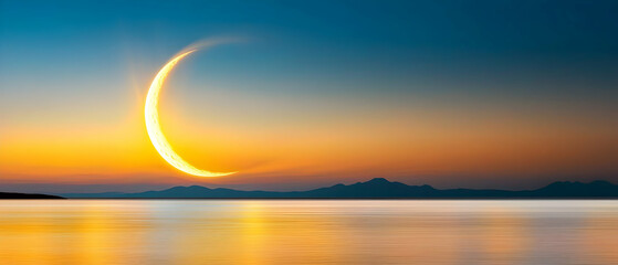 Golden Sunset Over Calm Ocean with Crescent Moon