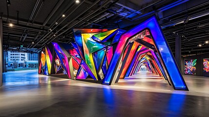 Modern art-inspired space featuring a luminous geometric tunnel with vibrant glowing shapes and abstract architectural elements