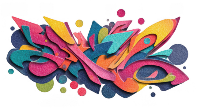 Vibrant textured graffiti design element created with layered colorful paper cutouts and scattered dots, isolated on a transparent background, ideal for adding a touch of urban art to designs