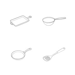 Simple outlined kitchen utensils for cooking and food preparation isolated on white background