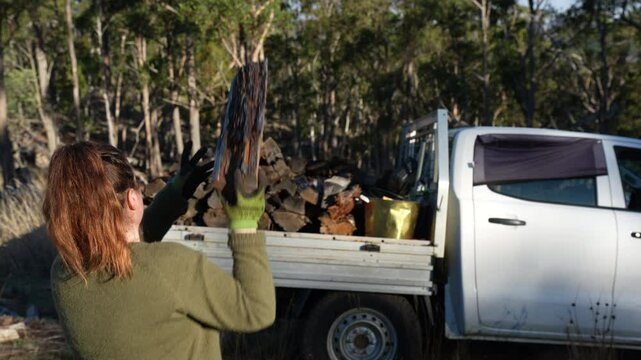 female famer Loading Firewood on a ute Preparing for Winter with Sustainable Home Heating. Hardworking Hands Gathering Wood stacking a wood pile
