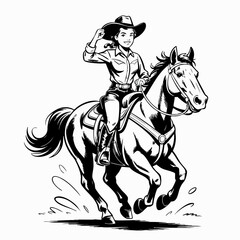 Fototapeta premium Vintage Cowgirl Riding Horse – Black and White Western Style Vector Illustration