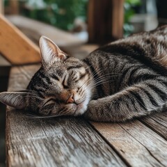 A tabby cat is peacefully sleeping on a rustic wooden surface. The cat looks relaxed and comfortable, with its legs curled and eyes closed, enjoying a quiet nap in a cozy corner.

