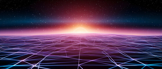 Retro Futuristic Cityscape With Glowing Lines At Sunrise