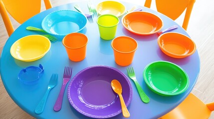 Small round kids' table set for lunch with spill-proof cups, plastic utensils, and cheerful bowls
