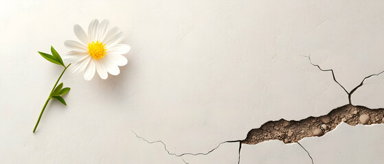 Delicate White Daisy on Light Beige Surface with Cracks