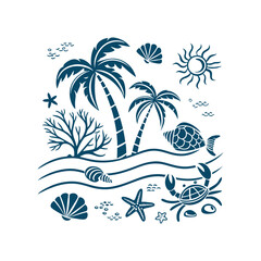 Beach landscape with palm trees, ocean waves, and shell illustration in line art style for summer vacation, resort themes, and travel illustrations