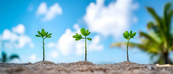 Three Young Plants Growing In Sand Against A Blue Sky