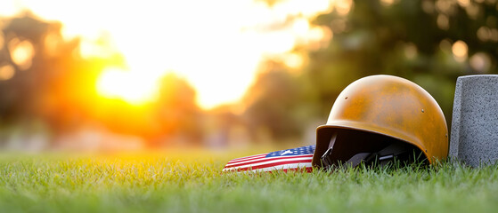 Military Helmet And Flag On Grass At Sunset
