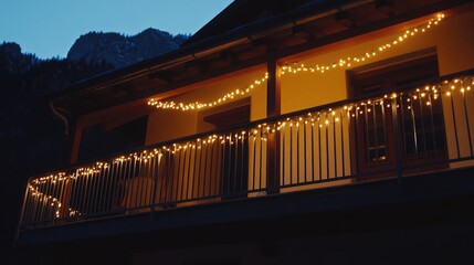 Chalet glowing warmly in twilight, lights wrapped around balcony rails, surrounded by mountain wilderness